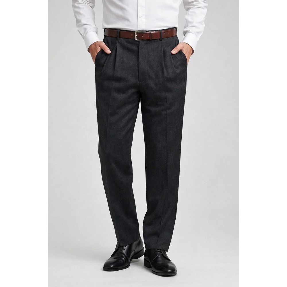 Vintage Dress Pants Charcoal Gray 100% Wool Herringbone Pleated Retro 34x31